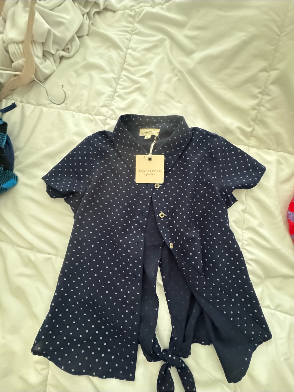 Blu Pepper Navy Blue Short-Sleeve Tie-Front Polka Dot Shirt